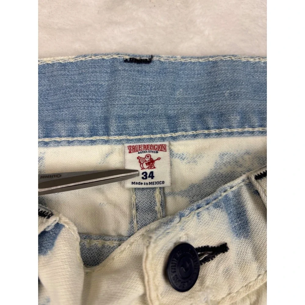 True Religion Mens 34x34 Jeans Skinny Distressed Cloudy Sky Blue Acid Wash Denim